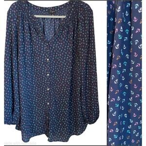 Talbots Size 2X‎ Navy Blue Multicolor Anchor Novelty Print V-Neck Button Blouse